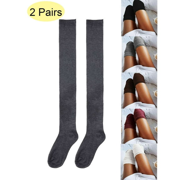 LAVA 2 Pairs Women Thigh High Socks Winter Cable Knit Over Knee Socks Warm Extra Long Boot Stocking Leg Warmers Brown