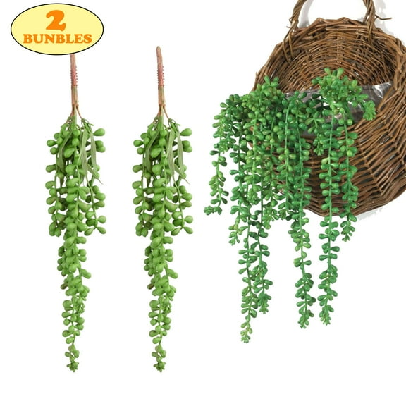 LAVA 2 Pcs Artificial Hanging Plants Fake Succulents String of Pearls Fake Hanging Basketplant for Home Kitchen Office Garden Wedding Decor, 13.8 inch