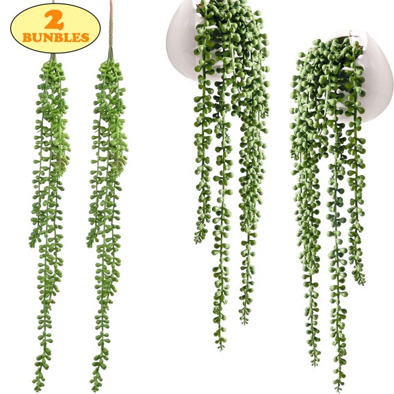 LAVA 2 Pcs Artificial Hanging Plants Fake Succulents String of Pearls Fake Hanging Basketplant for Home Kitchen Office Garden Wedding Decor, 23.6 inch