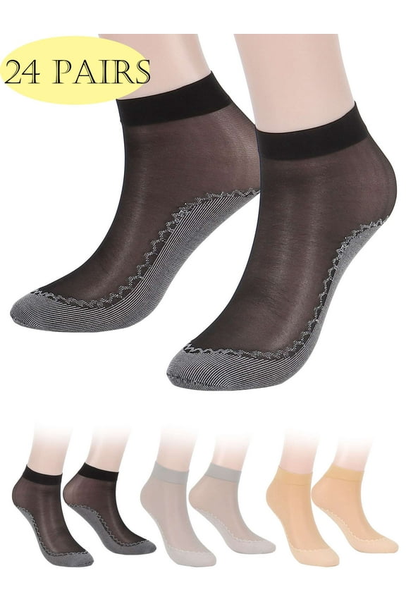 LAVA 24 Pairs Womens Ankle High Sheer Socks Elastic Silky Nylon Short Stockings with Anti-Slip Cotton Sole