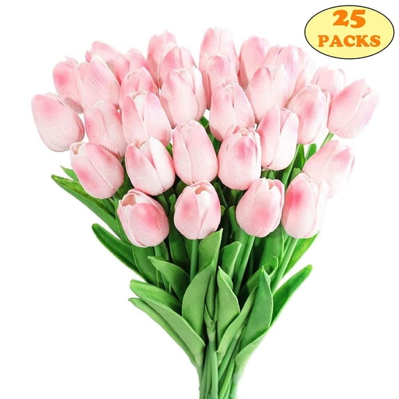 LAVA 25 Packs Artificial Flowers Faux Tulip Real Touch Blush Tulip Bouquet for Easter Spring Home Table Decor Pink