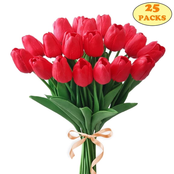 LAVA 25 Packs Artificial Flowers Faux Tulip Real Touch Blush Tulip Bouquet for Easter Spring Home Table Decor Red