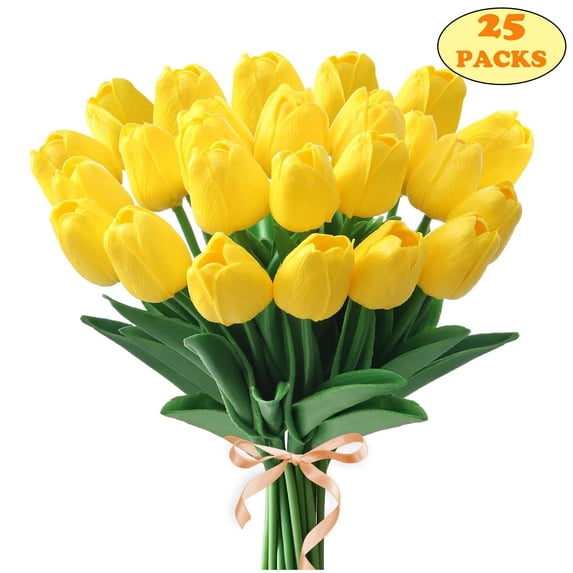 LAVA 25 Packs Artificial Flowers Faux Tulip Real Touch Blush Tulip Bouquet for Easter Spring Home Table Decor Yellow