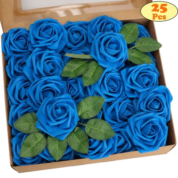LAVA 25 Pcs Artificial Roses Flowers Real Looking Ivory Foam Fake Roses Heads for DIY Bouquets Wedding Party Baby Shower Home Decoration Blue