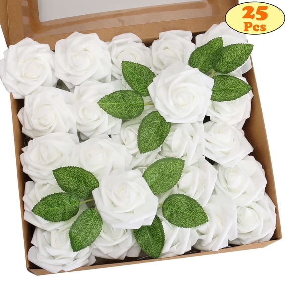LAVA 25 Pcs Artificial Roses Flowers Real Looking Ivory Foam Fake Roses Heads for DIY Bouquets Wedding Party Baby Shower Home Decoration White