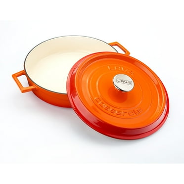 LAVA 3.7 Quart Enameled Cast Iron Braiser: Multipurpose Stylish Round Dutch Oven Pot with Glossy Sand-Colored Three Layers of Enamel Coated Interior and Trendy Lid (Orange)