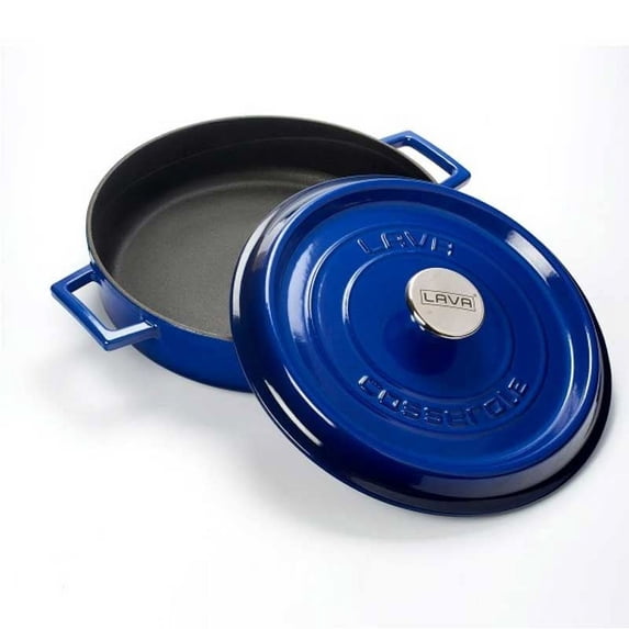 LAVA 3.7 Quart Enameled Cast Iron Braiser: Multipurpose Stylish Round Dutch Oven Pot with Enameled Black Interior and Trendy Lid (Blue)
