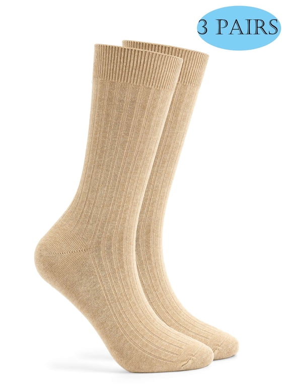 3 Pairs Crew Socks for Men Women Ultra Soft Breathable Cotton Dress Socks Cotton Sock Size 11-13 (Khaki)