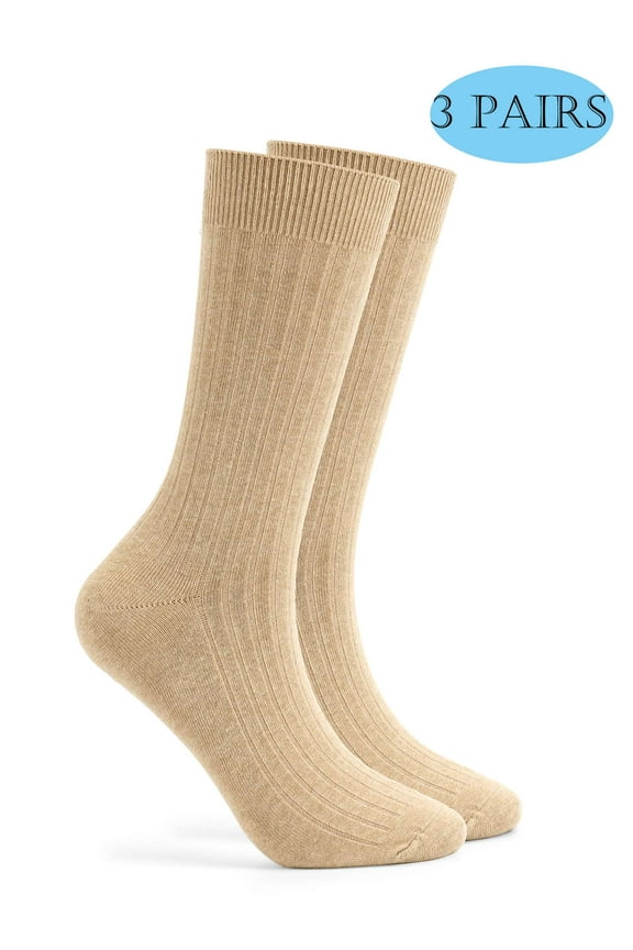 3 Pairs Crew Socks for Men Women Ultra Soft Breathable Cotton Dress Socks Cotton Sock Size 11-13 (Khaki)