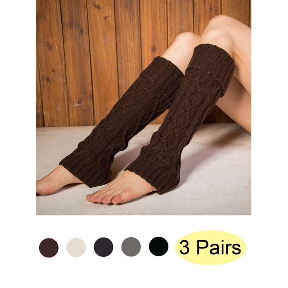 LAVA 3 Pairs Leg Warmer for Women Fashion Knitted Crochet Long Boot Socks Knee High Cable Knit Thermal Winter Sleeve Brown