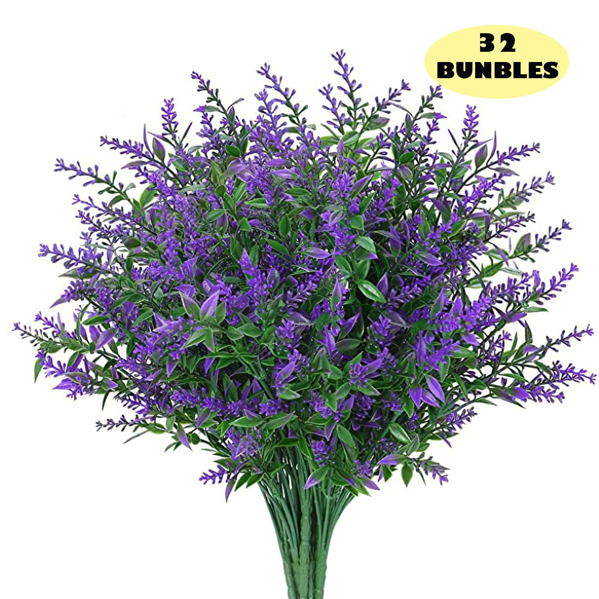 LAVA 32 Bundles Artificial Flowers UV Resistant Faux Lavender Flowers for Outdoor Indoor Wedding Garden Home Decor Purple