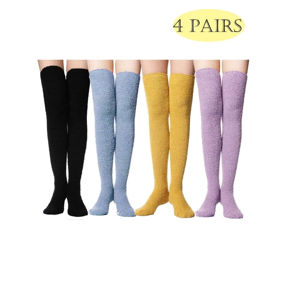 LAVA 4 Pairs Fluffy Knee High Socks Fuzzy Fleece Soft Long Socks Winter Warm Cozy Socks 4 Colors