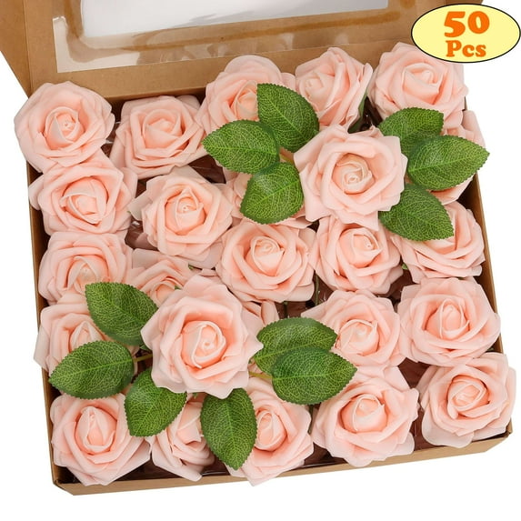 LAVA 50 Pcs Artificial Roses Flowers Real Looking Ivory Foam Fake Roses Heads for DIY Bouquets Wedding Party Baby Shower Home Decoration Pink