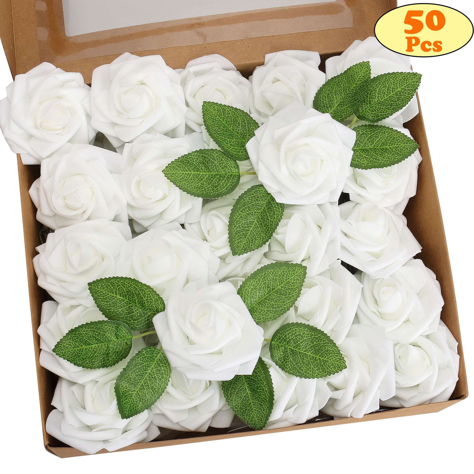 LAVA 50 Pcs Artificial Roses Flowers Real Looking Ivory Foam Fake Roses ...