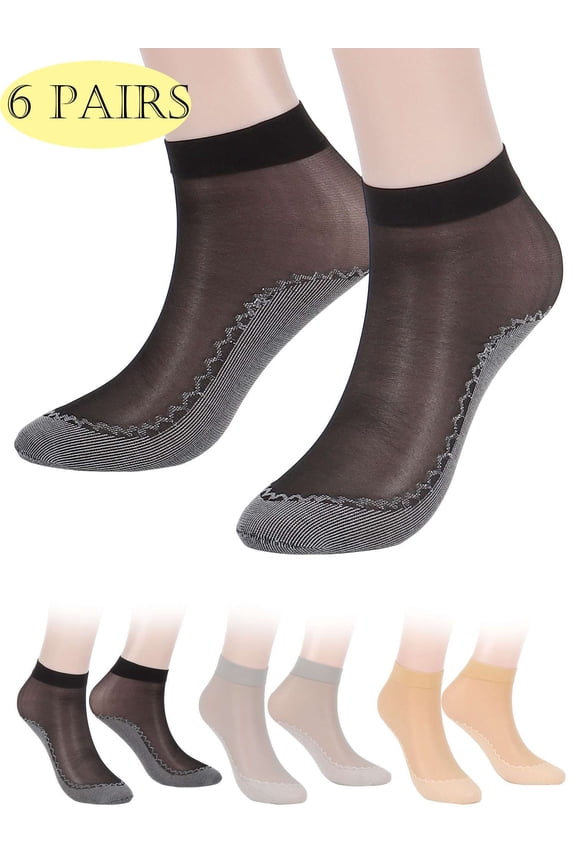LAVA 6 Pairs Womens Ankle High Sheer Socks Elastic Silky Nylon Short Stockings with Anti-Slip Cotton Sole Skin