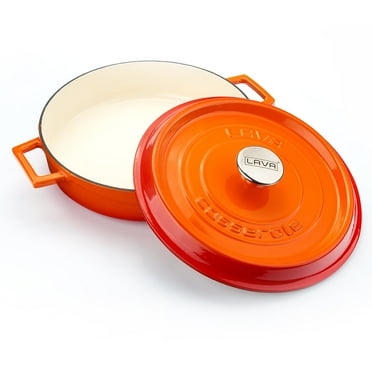 LAVA 6 Quart Enameled Cast Iron Braiser: Multipurpose Stylish Round Dutch Oven Pot with Enameled White Interior and Trendy Lid (Orange)