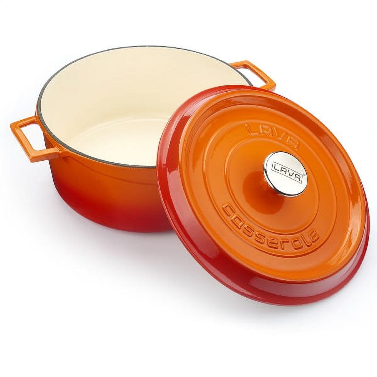 LAVA 5 Quarts Cast Iron Dutch Oven: Multipurpose Stylish Oval Shape Dutch  Oven Pot with Glossy Sand-Colored Three Layers of Enamel Coated Interior  with Trendy Lid (Orange) 