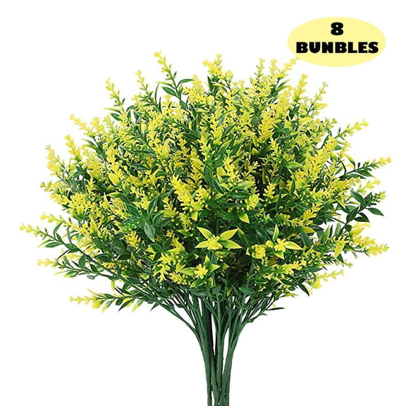 LAVA 8 Bundles Artificial Flowers UV Resistant Faux Lavender Flowers for Outdoor Indoor Wedding Garden Home Decor Yellow