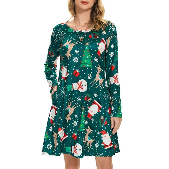 LAVA Christmas Swing Dresses for Girl Women Plus Size Long Sleeve T Shirt Dresses with Pockets Green XL