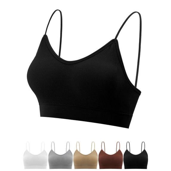 LAVA Cropped Tank Tops for Women V Neck Cami Bralettes Padded Bra Seamless Sleeping Bra (Black, XL)