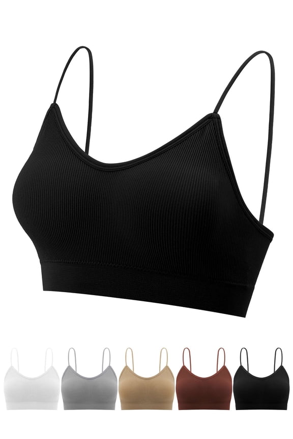 Cropped Tank Tops for Women V Neck Cami Bralettes Padded Bra Seamless Sleeping Bra (Khaki, L)