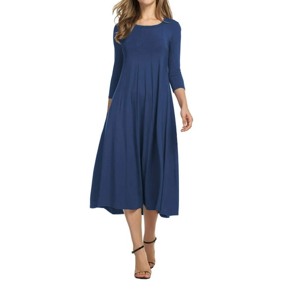 LAVA Fall Midi Dress for Women Plus Size 3/4 Sleeves A-Line T Shirt Dress Casual Solid Dresses (Blue, 3XL)