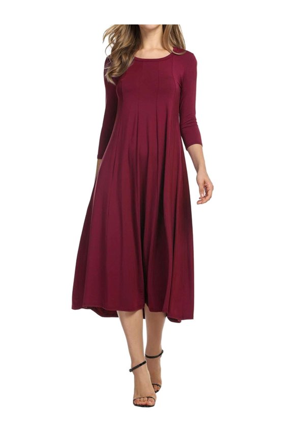 Fall Midi Dress for Women Plus Size 3/4 Sleeves A-Line T Shirt Dress Casual Solid Dresses (Red, L)
