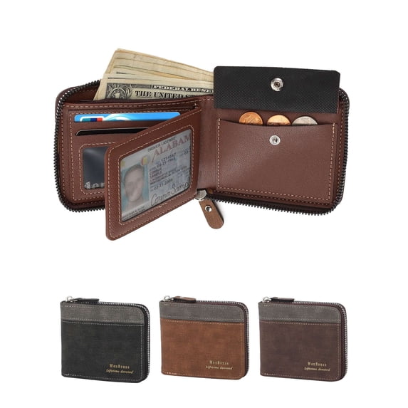 LAVA Genuine Leather Minimalist Bifold Wallets for Men Zipper Cards Wallet With 2 ID Window Brown