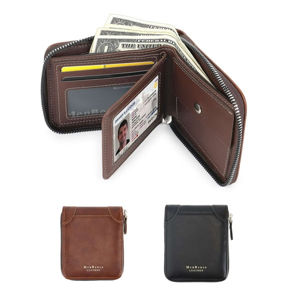 LAVA Genuine Leather Wallet for Men Bifold Credit Card Holder Zipper Purse Black