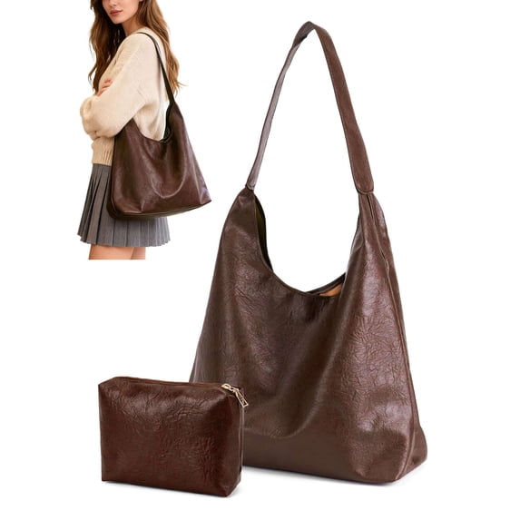 LAVA Hobo Bag Purses for Women, Soft Shoulder Bag Vegan Leather Tote Slouchy Handbag with Pouch (Coffee)
