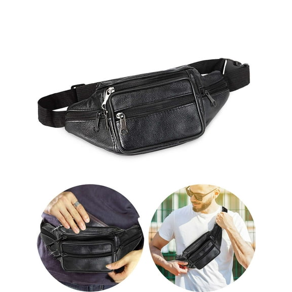 LAVA Leather Fanny Pack for Men Women Crossbody Black Waist Belt Bag for Travel Cycling Hiking