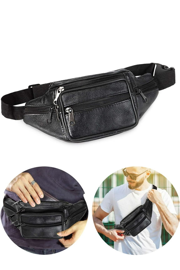 Leather Fanny Pack for Men Women Crossbody Black Waist Belt Bag for Travel Cycling Hiking