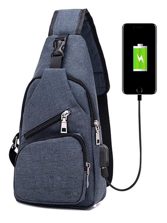Men Belt Charging USB Port Chest Bag Daypack Crossbody Backpack for Travel Sports Running Hiking (Blue)