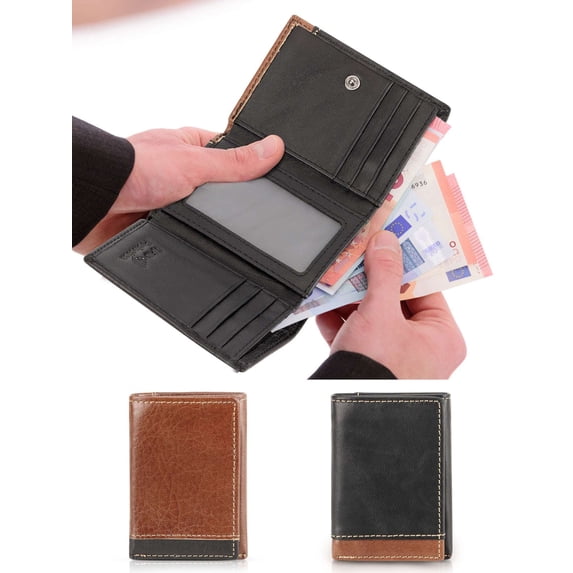 LAVA Men's Genuine Leather RFID Blocking Trifold Wallet Slim 9 Cards Holder with ID Window Black