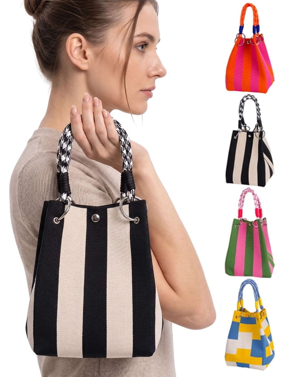 Mini Knit Tote Women Striped Crochet Bucket Handbag Small Purse Shoulder Bag Vacation Lightweight Beach Bag (Black)