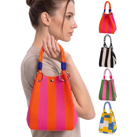 LAVA Mini Knit Tote Women Striped Crochet Bucket Handbag Small Purse Shoulder Bag Vacation Lightweight Beach Bag (Orange)