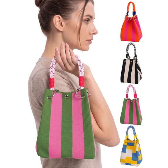 LAVA Mini Knit Tote Women Striped Crochet Bucket Handbag Small Purse Shoulder Bag Vacation Lightweight Beach Bag (Pink)
