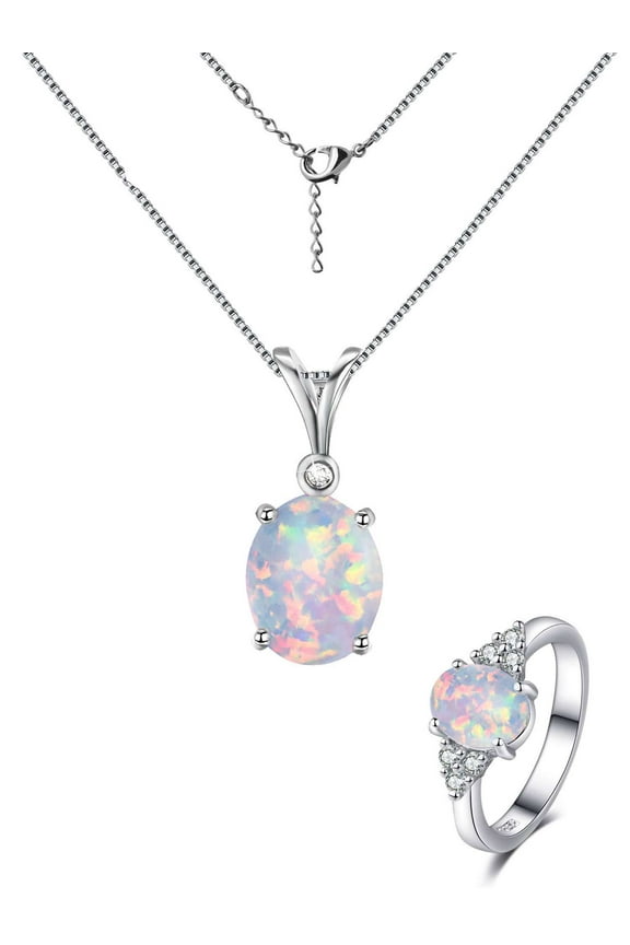 Opal Jewelry Sets for Women Sterling Silver Birthstone Necklace and Ring Set