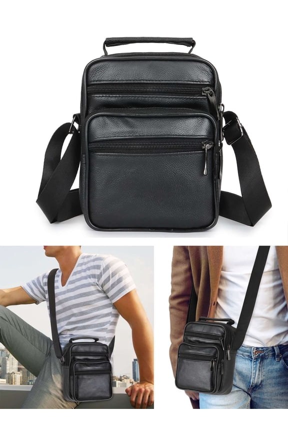 Small Leather Sling Shoulder Bag Black Crossbody Purse Messenger Pack for Men Women