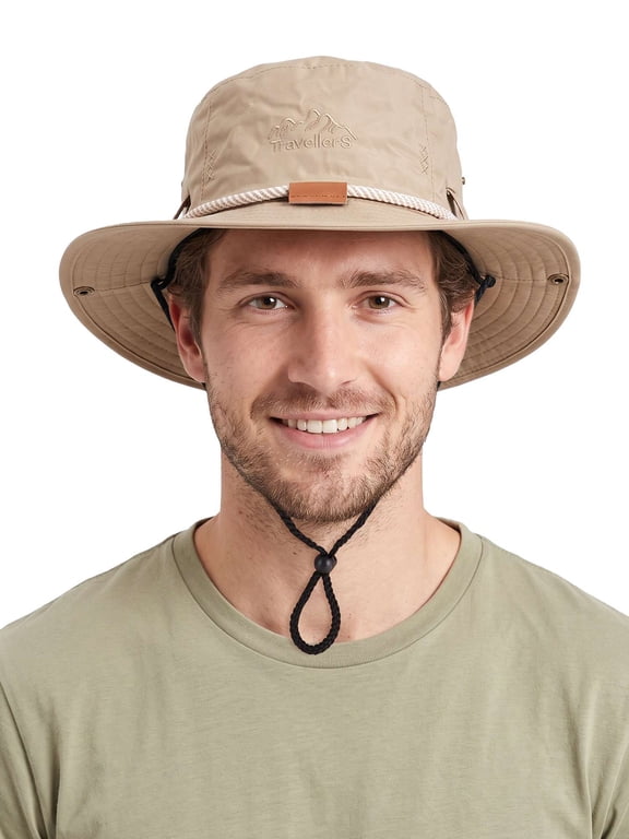 Sun Hat Fishing Hat for Men Women, Foldable Cowboy Style Bucket Hat Waterproof Wide Brim Adjustable Chin Strap Breathable Safari Hat (Khaki)
