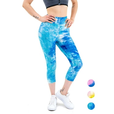 LAVA Tie Dye Leggings for Women High Waisted Butt Lifting Scrunch Yoga Pants Workout Textured Capri（Blue， S)