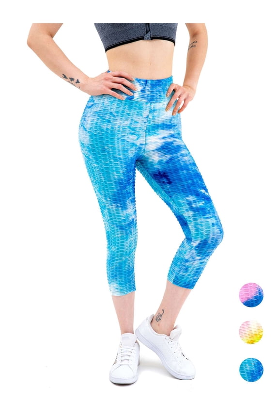 Tie Dye Leggings for Women High Waisted Butt Lifting Scrunch Yoga Pants Workout Textured Capri（Blue， S)