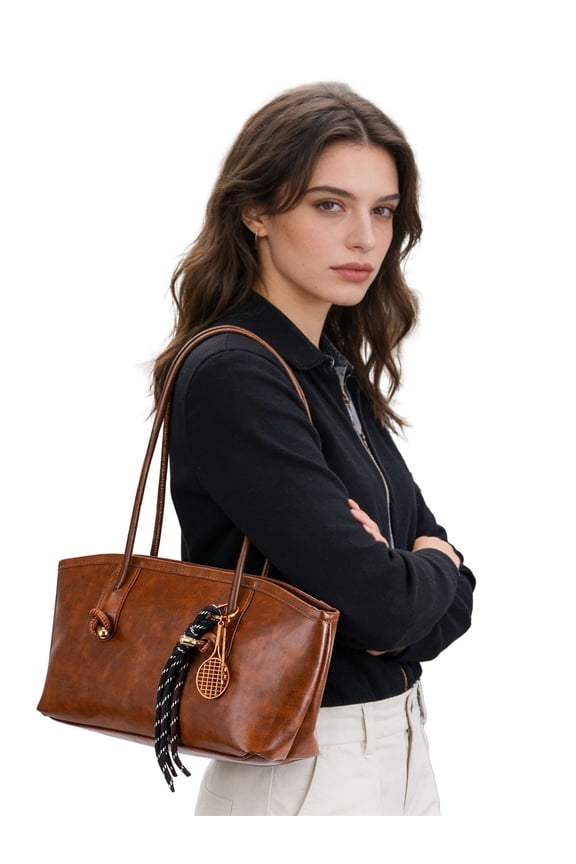 Tote Bag for Womens Solid Color Simplicity Large Capacity Fashion Vintage Elegant Leather Handbag Shoulder Bag (Brown)