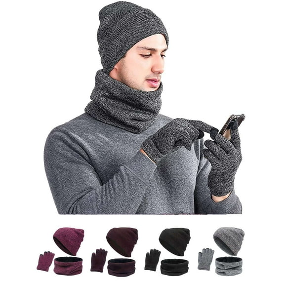 LAVA Winter Beanie Hat Scarf Gloves Set for Women Men Touch Screen Gloves Skull Cap Knit Neck Warmer Set (Gray)