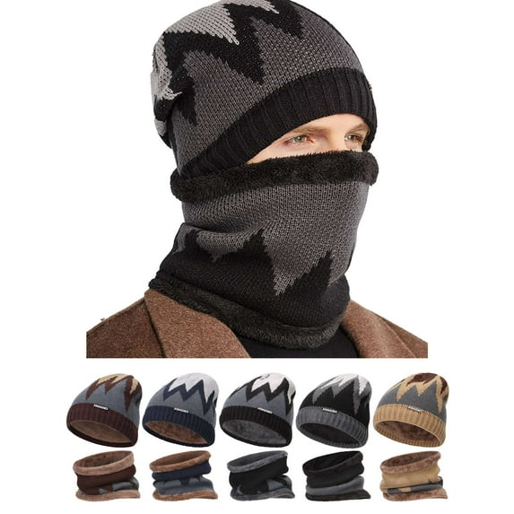LAVA Winter Hat and Scarf Set for Men Warm Knit Beanie Hats Fleece Lined Neck Warmer (Brown)