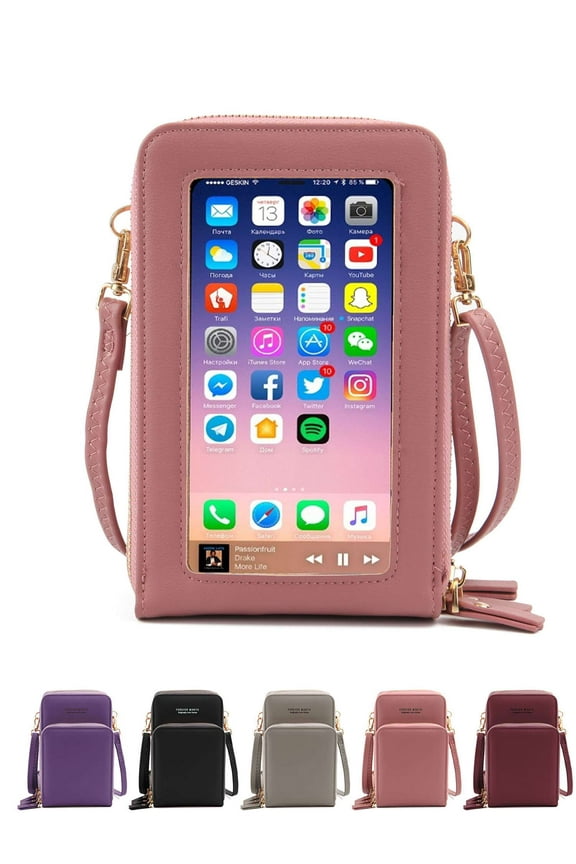 Women Crossbody Cell Phone Purse Bags with Touch Screen Window PU Leather Phone Pouch Wallet Handbag (Pink)