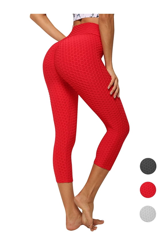 Women High Waist Scrunch Workout Leggings Tummy Control Butt Lifting Yoga Booty Pants (Red, M)
