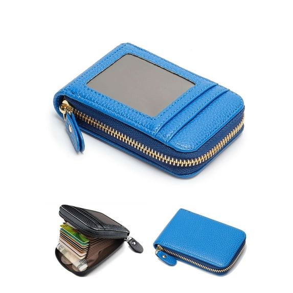 LAVA Women Men Wallet Credit Card Holder Leather RFID Blocking Zipper Purse Thin Blue