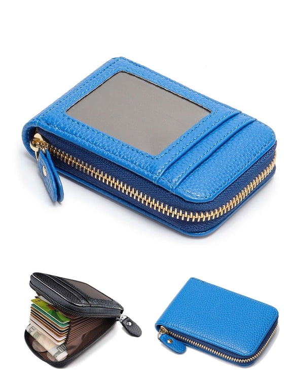 Women Men Wallet Credit Card Holder Leather RFID Blocking Zipper Purse Thin Blue