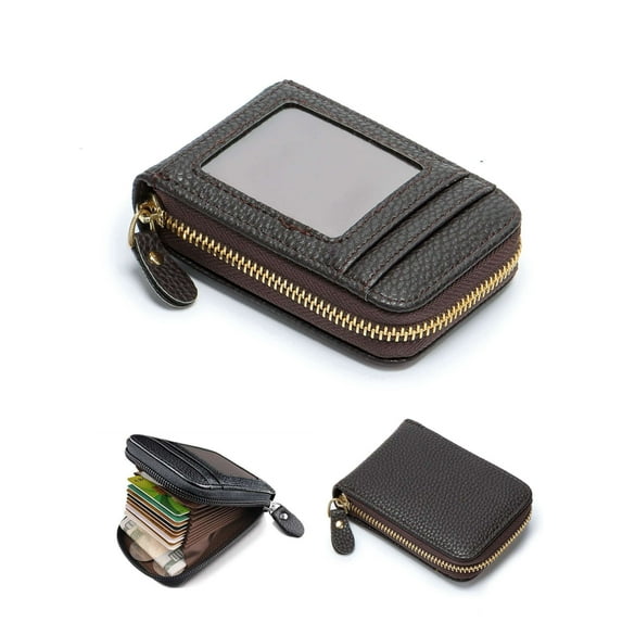 LAVA Women Men Wallet Credit Card Holder Leather RFID Blocking Zipper Purse Thin Brown